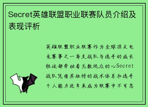 Secret英雄联盟职业联赛队员介绍及表现评析