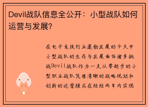 Devil战队信息全公开：小型战队如何运营与发展？